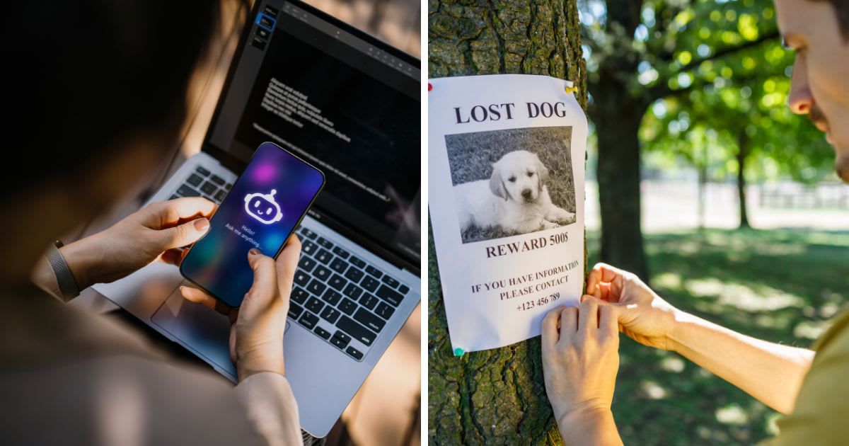 (L) Woman using chatting AI chatbot virtual assistance app on a smartphone, (R) Man nailing a lost dog poster to a tree. (Representative Image Source: Getty Images | (L)d3sign, (R)Goads Agency)