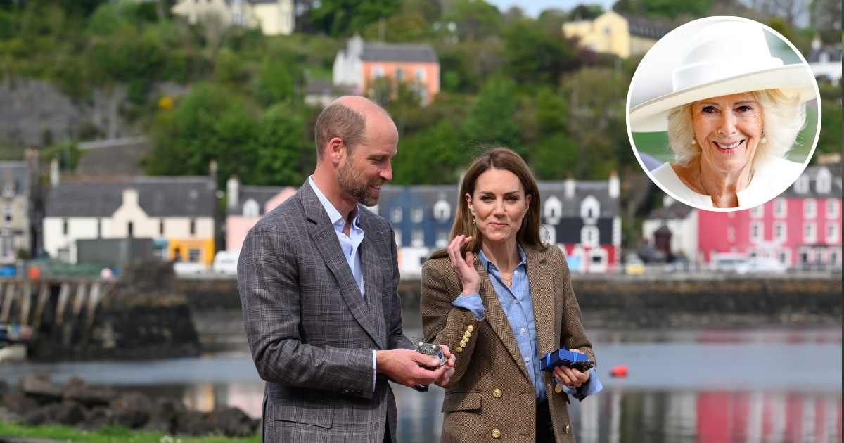 The Prince and Princess of Wales during a tour of an artisan market in Scotland; (Inset) Queen Camilla attends King George Day at Ascot Racecourse. (Cover Image Source: Getty Images | Karwai Tang; (Inset) Max Mumby/Indigo)