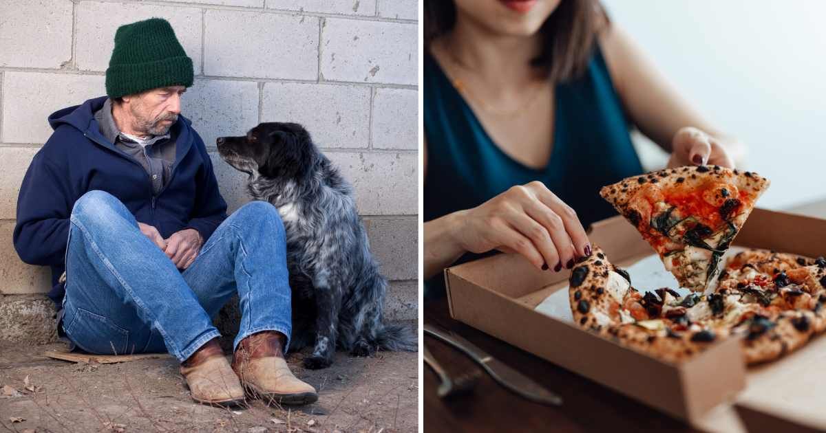 (L) A homeless man sitting on the ground with his pet dog. (R) A woman picking up a slice of pizza. (Representative Cover Image Source: Getty Images | (L) DayDreamsGirl, (R) Oscar Wong)