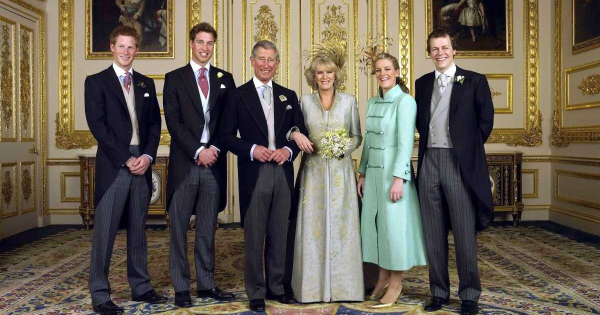The then Prince of Wales and his new bride Camilla, Duchess of Cornwall, with their children (L-R) Prince Harry, Prince William, Laura Parker Bowles, and Tom Parker Bowles. (Cover Image Source: Getty Images | Anwar Hussein)