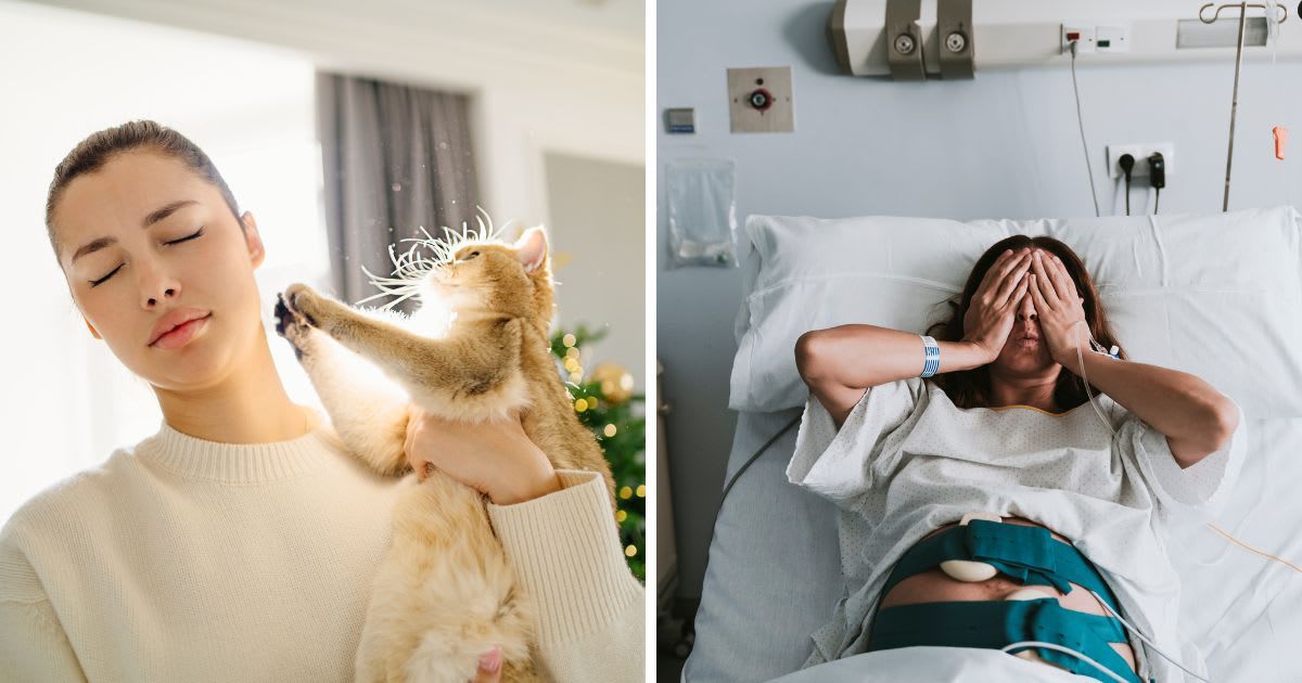 (L) Ginger cat scratching woman face, (R) Stressed woman lying on bed in hospital. (Representative Cover Image Source: Getty  Images | (L) Tatiana Meteleva, (R) Westend61)