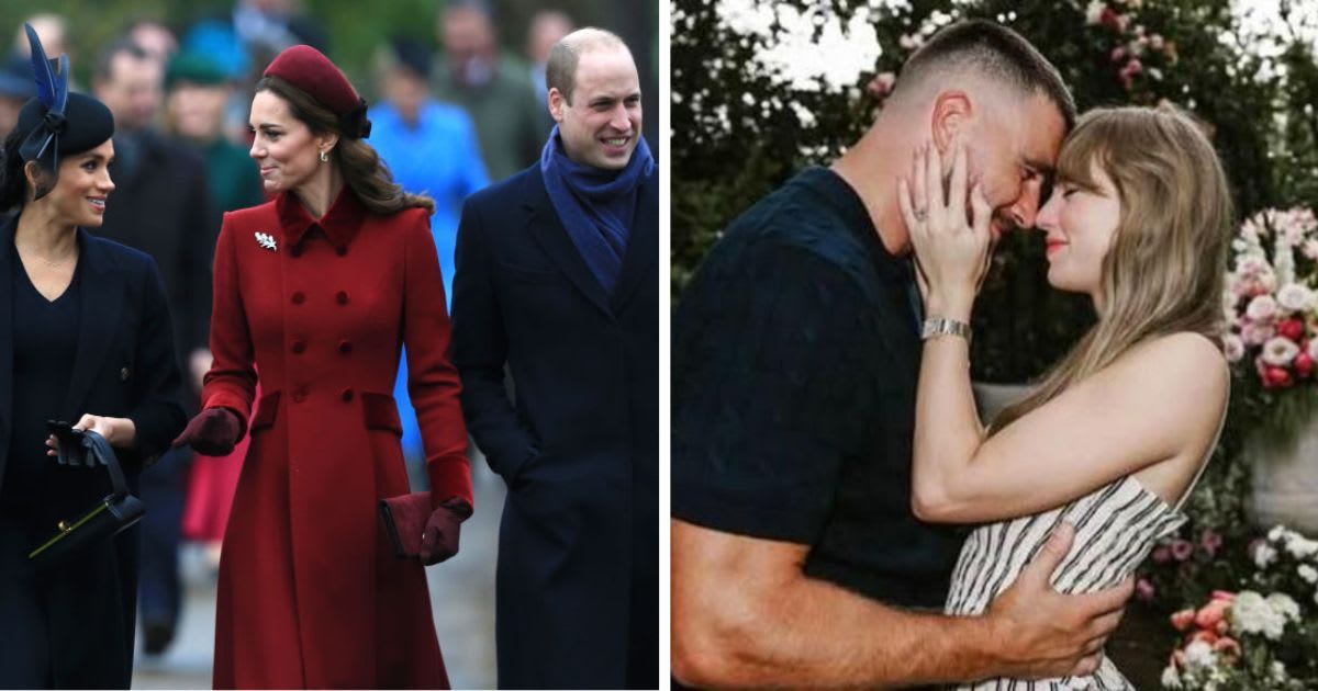 (L) William, Kate, and Meghan attend the Christmas Day Church service at St. Mary Magdalene; (R) Taylor Swift and Travis Kelce announce their engagement. Cover Image Source: (L) Getty Images | Stephen Pond; (R) Instagram | @taylorswift