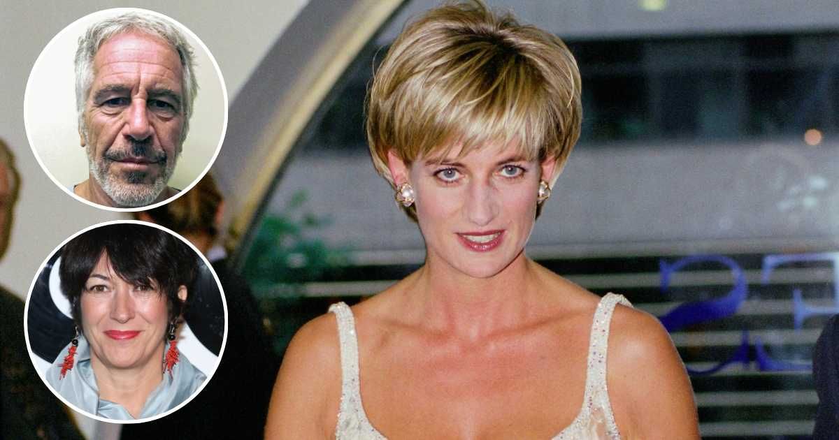 Diana, Princess of Wales, at the Christie's party; (Inset T) Mugshot of Jeffrey Epstein; (Inset B) Ghislaine Maxwell attends the 2014 ETM. Cover Image Source: Getty Images | Tim Graham; (Inset T) Kypros; (Inset B) Rob Kim