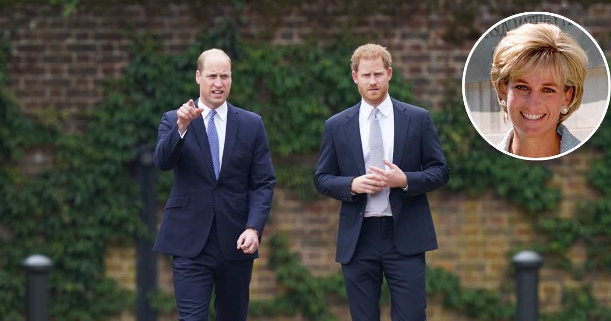 Prince William and Prince Harry arrive for the unveiling of a statue they commissioned of their mother, Diana; (Inset) Diana, Princess of Wales, leaving The British Lung Foundation. Cover Image Source: Getty Images | Yui Mok; (Inset) Tim Graham