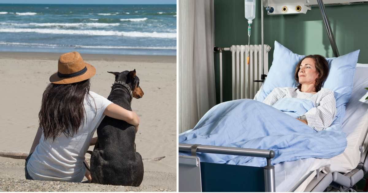 (L) A woman sitting on the beach with her pet dog. (R) A middle-aged woman in the hospital. (Representative Cover Image Source: Getty Images | (L) Hakase_, (R) Halfdark)