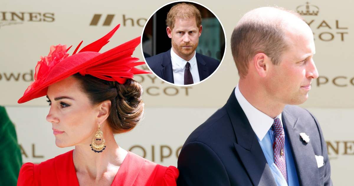 Catherine, Princess of Wales, and Prince William, Prince of Wales, attend day four of Royal Ascot 2023; (Inset) Prince Harry, Duke of Sussex, departs the Rolls Building of the High Court. (Cover Image Source: Getty Images | Max Mumby-both)