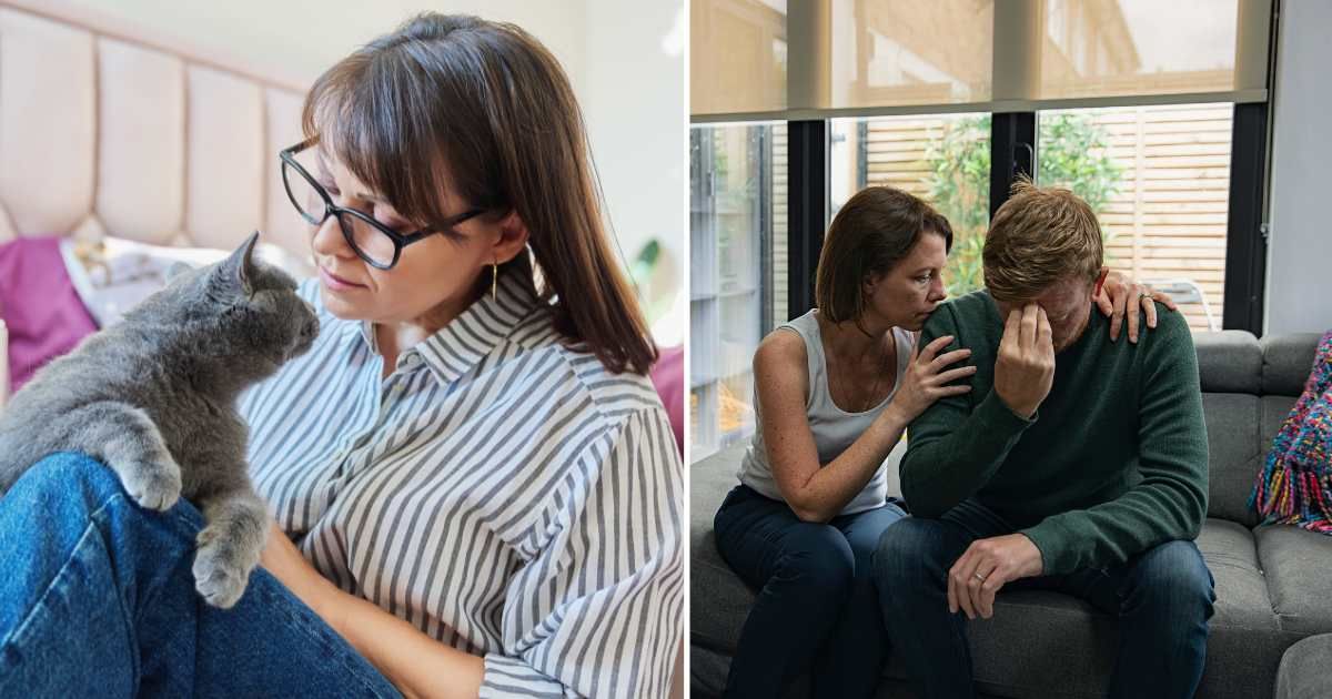 (L) A woman talking to a pet cat. (R) A sad couple sitting on a sofa. (Representative Image Source: Getty Images | (L) Valeriy_G, (R) Justin Paget)