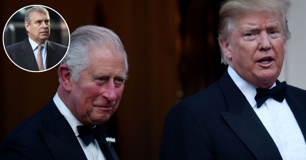King Charles and Donald Trump ahead of a dinner at Winfield House; (Inset) Prince Andrew arrives at the Headquarters of CrossRail in Canary Wharf. Cover Image Source: Getty Images| Peter Summers; (Inset) Dan Kitwood
