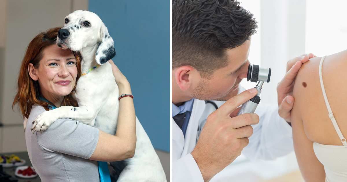 (L) A middle-aged woman with her pet dog. (R) A doctor checking a mole on a woman's back. (Representative Cover Image Source: Getty Images | (L) GoodLifeStudio, (R) Wavebreakmedia)