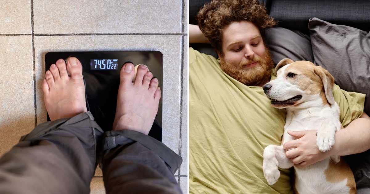(L) A man checking his weight on a weighing scale. (R) An obese man with his pet dog. (Representative Cover Image Source: Getty Images | (L) Pablo Jeffs Munizaga Fototrekking, (R) Anna Stills)