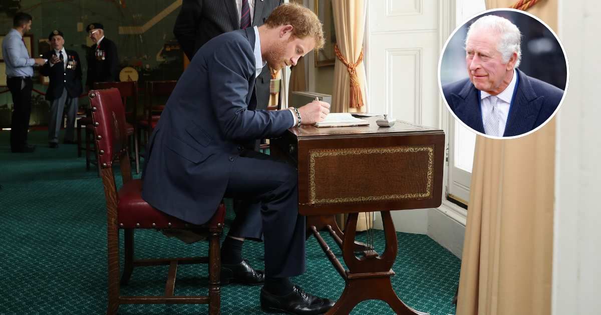 Prince Harry signs the visitors' book as he attends a reception for Normandy Veterans on June 2, 2016, in Portsmouth, England; (Inset) King Charles steps out for an event. Cover Image Source: Getty Images | Chris Jackson; (Inset) max Mumby/Indigo