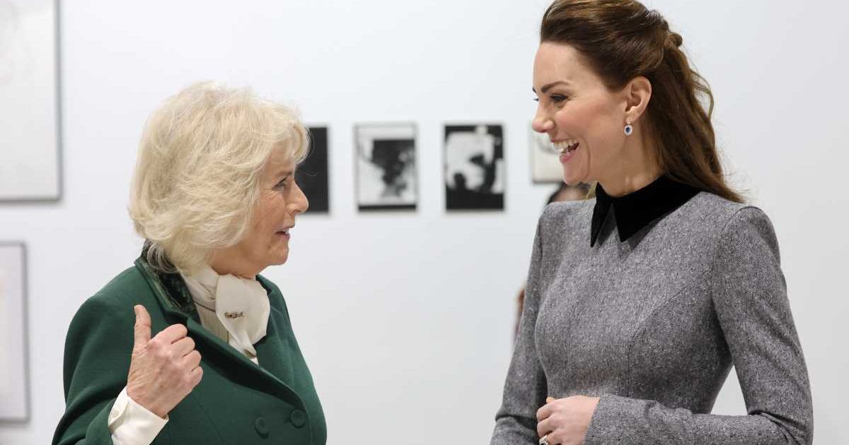 Queen Camilla and Princess Kate laugh during their visit to The Prince's Foundation training site for arts and culture. (Cover Image Source: Getty Images | Chris Jackson)
