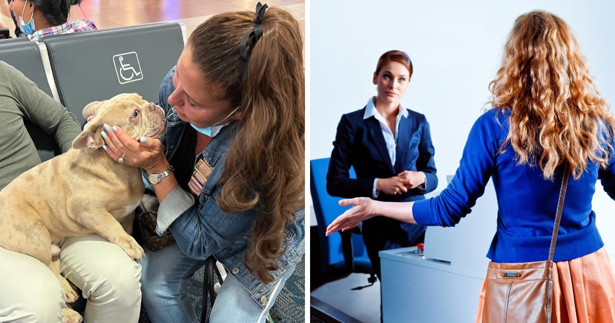(L) A woman traveling with a French Bulldog, (R) Woman complaining to an airline check-in attendant. (Representative Cover Image Source: Getty Images | (L)Jodi Jacobson, (R) izusek)