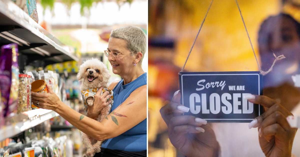 (L) Happy mature woman shopping food dog in the pet shop, (R) A woman putting a closed sign. (Representative Cover Image Source: Getty Images | (L) wera Rodsawang, (R) Luis Alvarez)