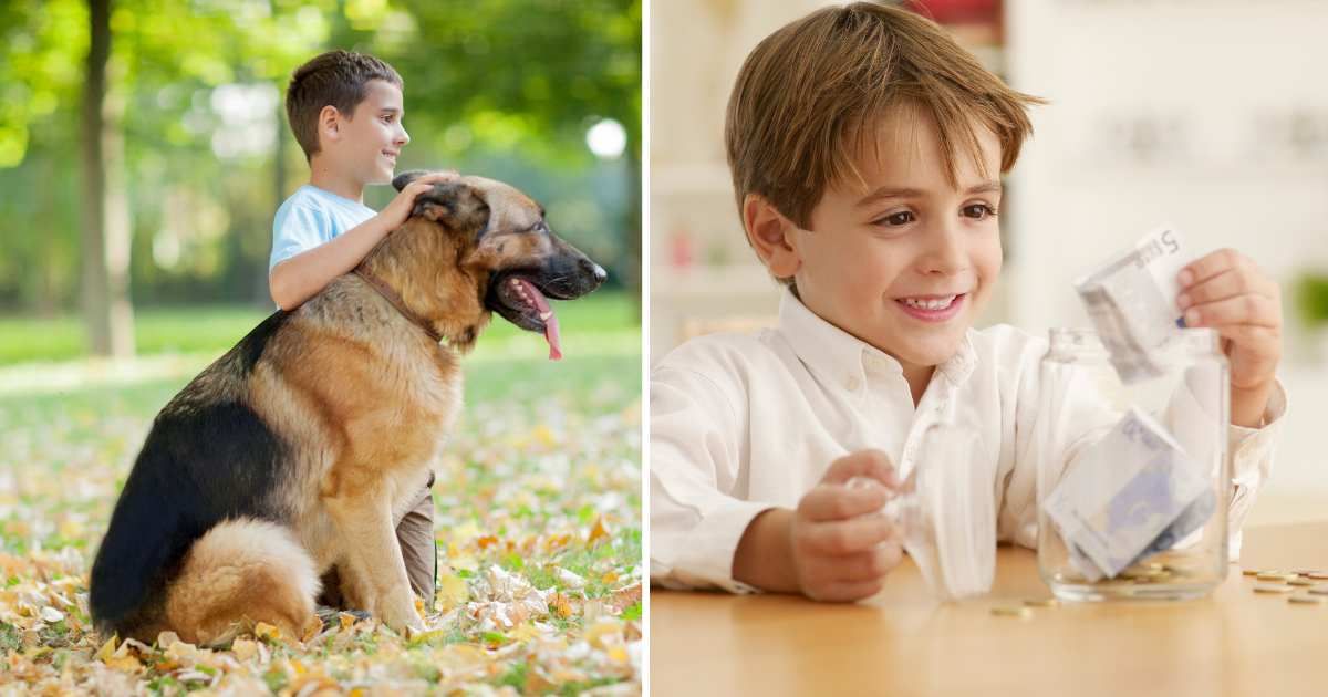 (L) A little boy with his pet dog. (R) A young boy looking at the cash he collected. (Representative Cover Image Source: Getty Images | (L) pyotr021, (R) Chris Ryan)