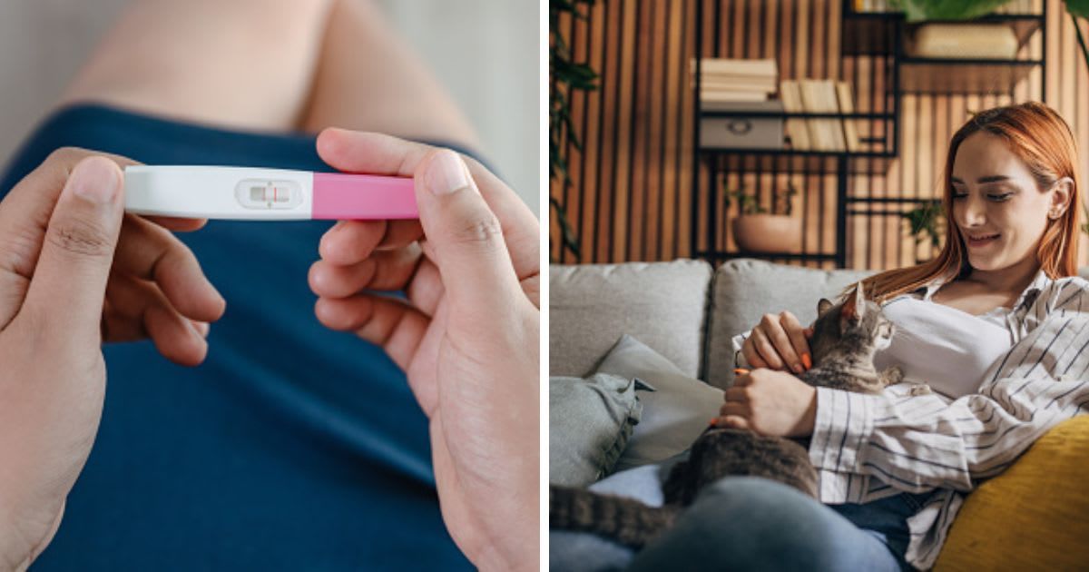 (L) Young Woman Hands Holding a Pregnancy Test Kit, (R) A woman cuddling with cat at home. (Representative Cover Image Source: Getty Images | (L) KDP, (R) South_agency)