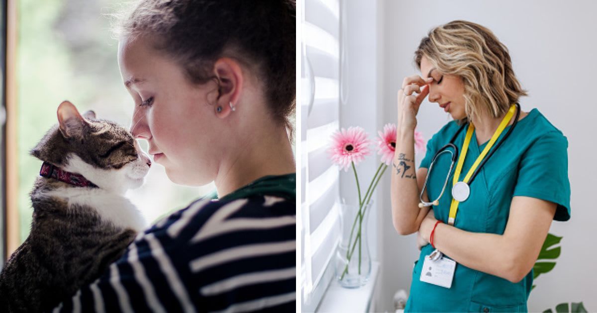 (L) A woman talks to her pet cat. (R) A tired vet. (Representative Cover Image Source: Getty Images | (L)Linda Raymond, (R) RealPeopleGroup)