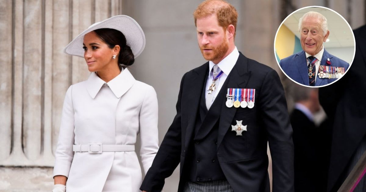 Prince Harry and Meghan Markle after attending the National Service of Thanksgiving; (Inset) King Charles visits a careers hub. Cover Image Source: Getty Images | Toby Melville - WPA Pool; (Inset) Chris Jackson