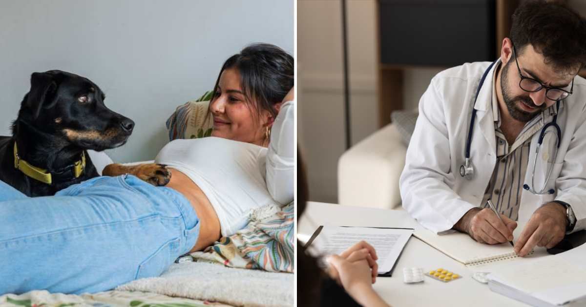 (L) A pet dog keeping its paw on its owner's belly. (R) Doctor records the patient's history. (Representative Cover Image Source: Getty Images | (L) Mario Arango, (R) ridvan_celik)