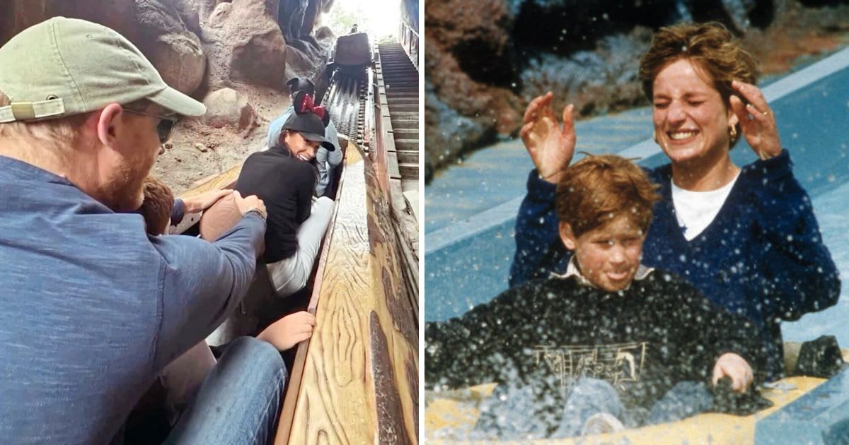 (L) Prince Harry rides the Splash Mountain in Disneyland with his children; (R) Prince Harry and Princess Diana visit Thorpe Park. Cover Image Source: (L) Instagram | @meghan; (R) Getty Images| Bob Collier/Sygma 