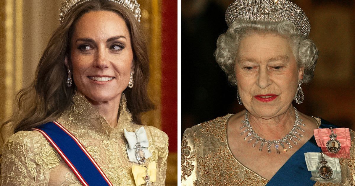 (L) Kate Middleton attends Trump's state banquet dinner; (R) Queen Elizabeth at a state banquet dinner for George Bush in 2003. Cover Image Source: Getty Images | (L) Aaron Chown-WPA Pool; (R) Brooks Kraft LLC/Corbis