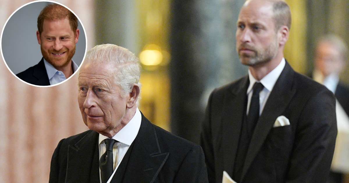 King Charles and Prince William leave Westminster Cathedral; (Inset) Prince Harry during a visit to the Centre for Blast Injury Studies. Cover Image Source: Getty Images | Aaron Chown; (Inset) Suzanne Plunkett