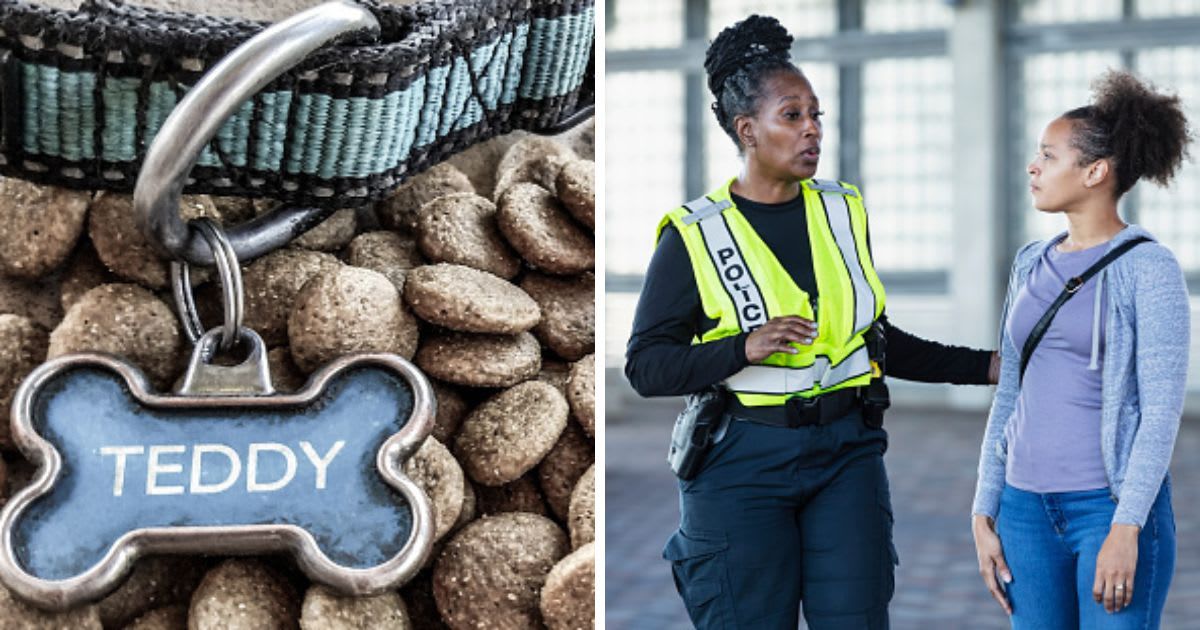 (L) A dog tag outside, (R) A policewoman talking with young woman. (Representative Cover Image Source: Getty Images | (L)Derek_Vance, (R) kali9)