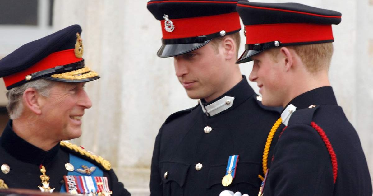Then-Prince Charles greets Prince William and Prince Harry at the passing-out Sovereign's Parade at Sandhurst Military Academy. (Cover Image Source: Getty Images | Anwar Hussein)