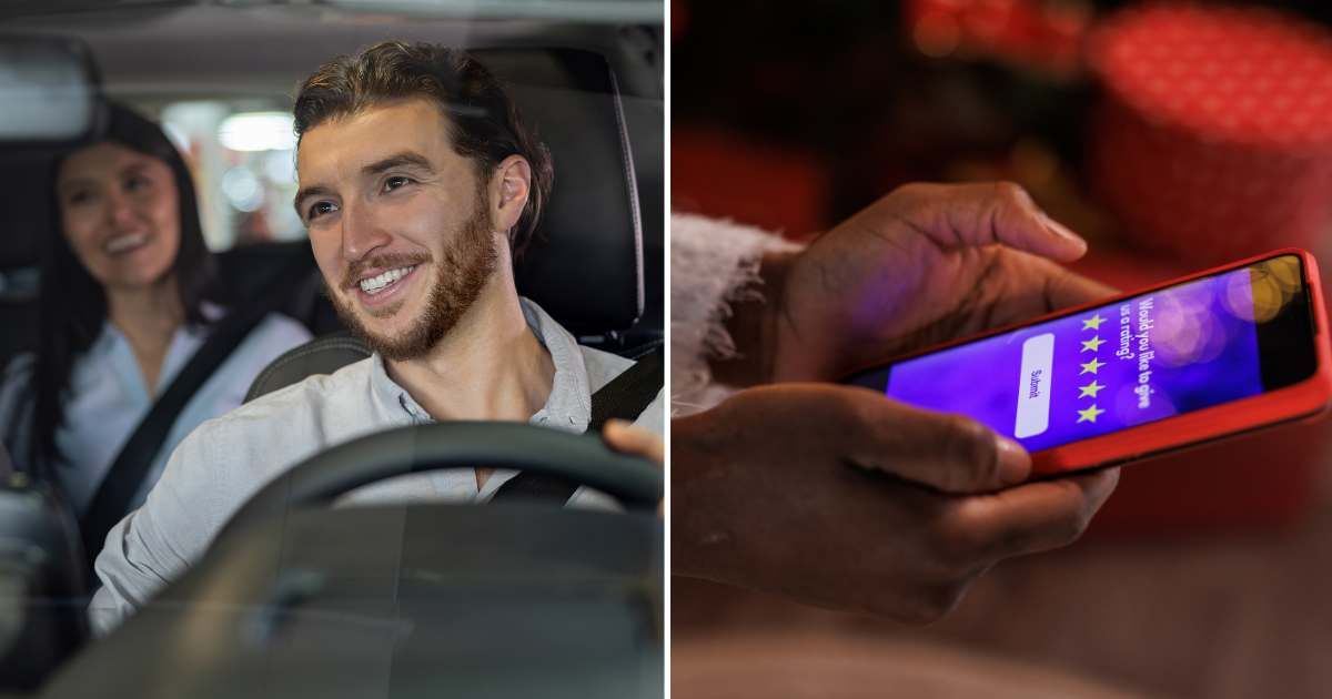 (L) An Uber driver is talking to his passenger. (R) A woman giving a 5-star rating on her phone. (Representative Cover Image Source: Getty Images | (L) Hispanolistic, (R) fotostorm)