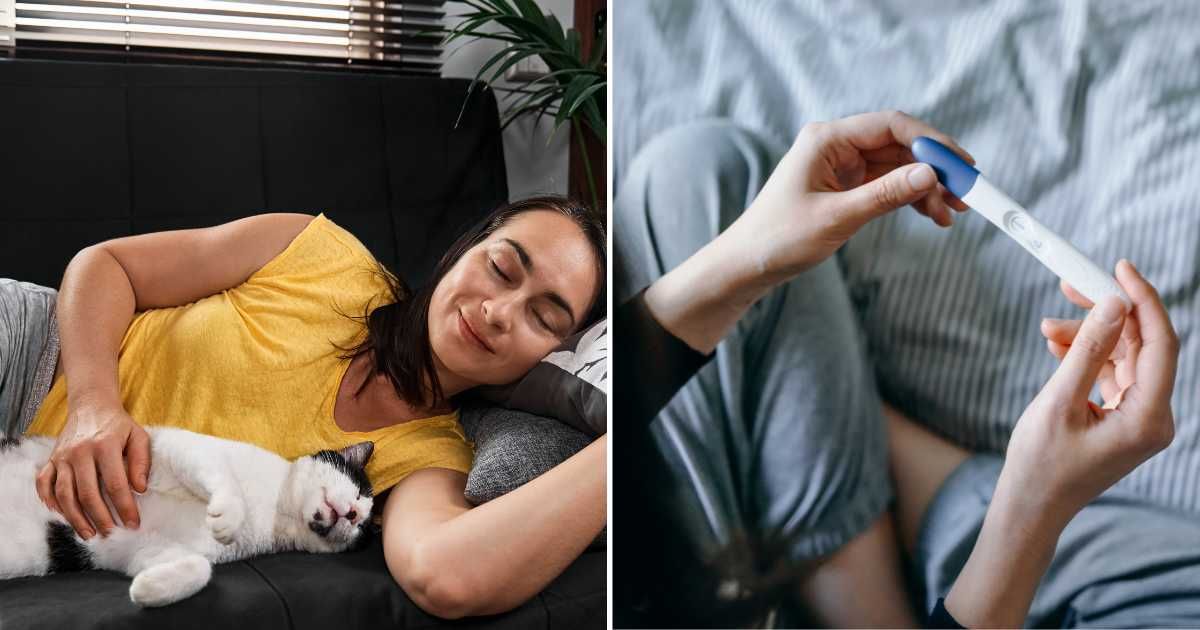 (L) A woman sleeping next to her cat. (R) A woman with a pregnancy test. (Representative Cover Image Source: Getty Images | (L) Ekaterina Fedulyeva, (R) d3sign)