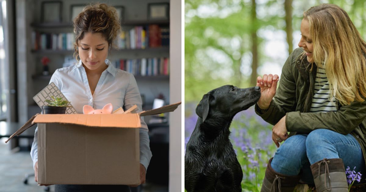 (L) A woman quits her job, (R) A Woman With Loving Black Labrador Dog On Spring Walk. (Representative Cover Image Source: Getty Images | (L) andresr, (R) Daisy-Daisy)