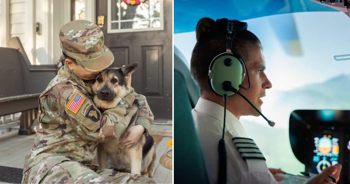 (L) A veteran officer with her pet dog. (R) A pilot speaking on the intercom. (Representative Cover Image Source: Getty Images | (L) Lajst, (R) Portra)