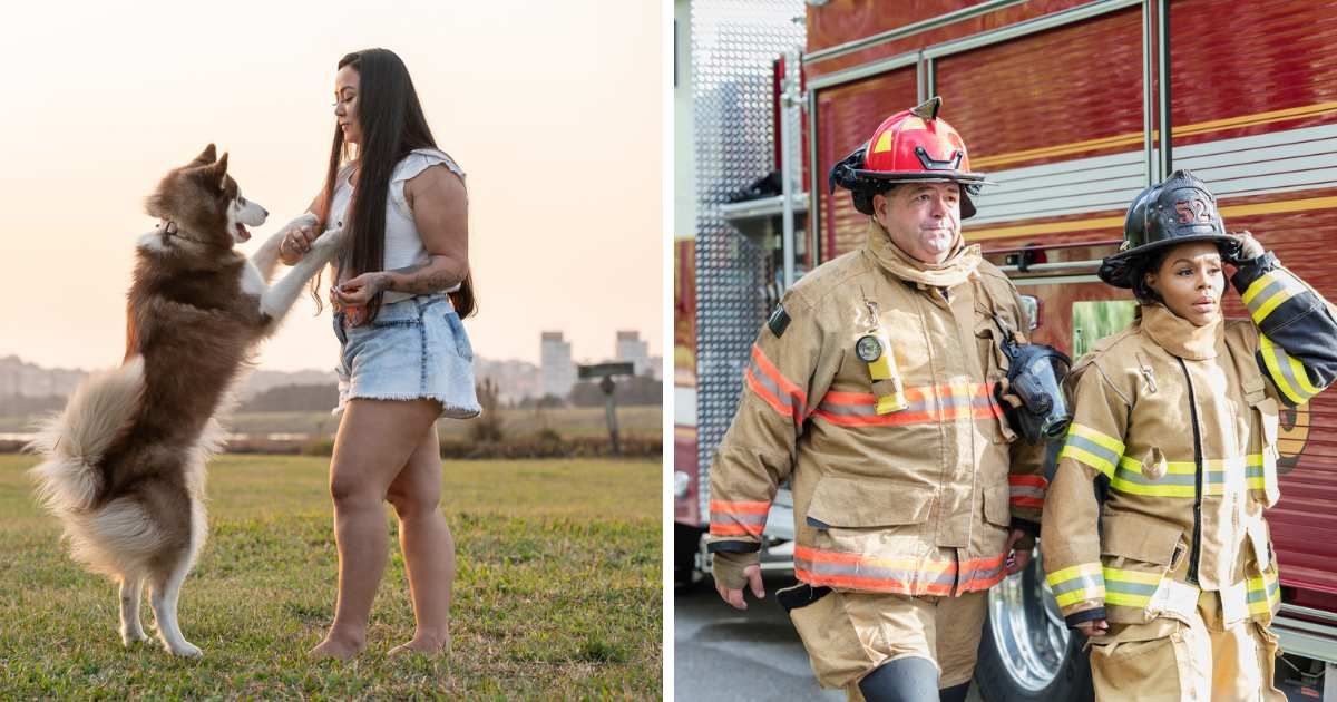 (L) Young woman with dog at the park on summer; (R) Firefighters in fire protection suits ready for action. (Representative Cover Image Source: Getty Images | Photo by (L) 	Elayne Massaini; (R) kali9)