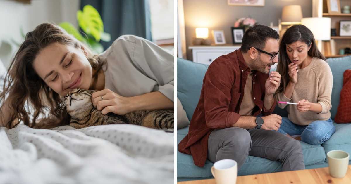 (L) Young woman cuddling with cute gray kitten; (R) Excited couple looking at positive pregnancy test on sofa at home - Representative Cover Image Source: Getty Images | Photo by (L) Olezzo; (R) Gorica Poturak