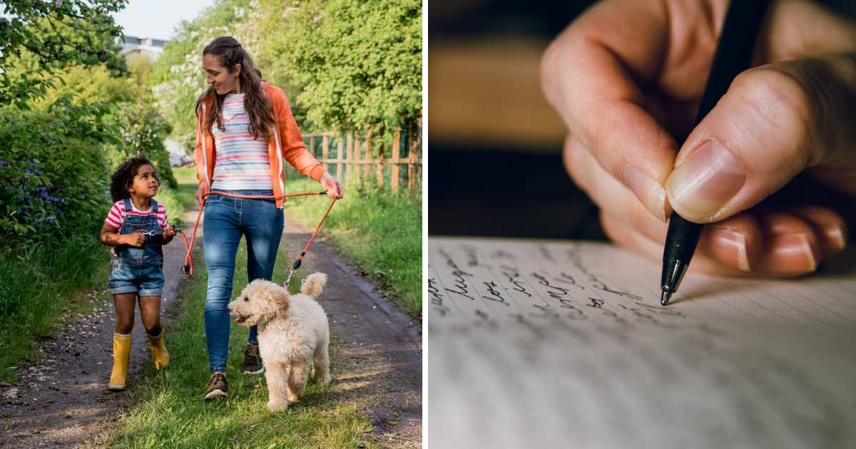 (L) Young girl and woman walking a dog. (R) A woman writing a letter. (Representative Cover Image Source: Getty Images | (L) SolStock, (R) Jacques Julien)