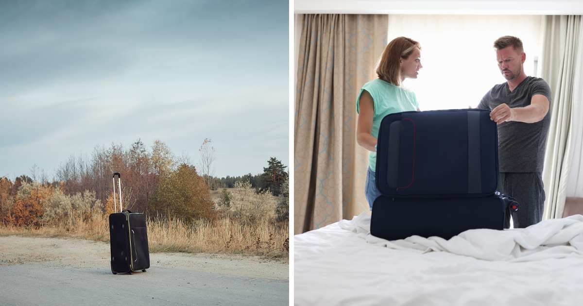 (L) An abandoned suitcase on a deserted road; (R) Man and woman stunned opening a suitcase on bed - Representative Cover Image Source: Getty Images | Photo by (L) vadiar; (R) Ivan-balvan
