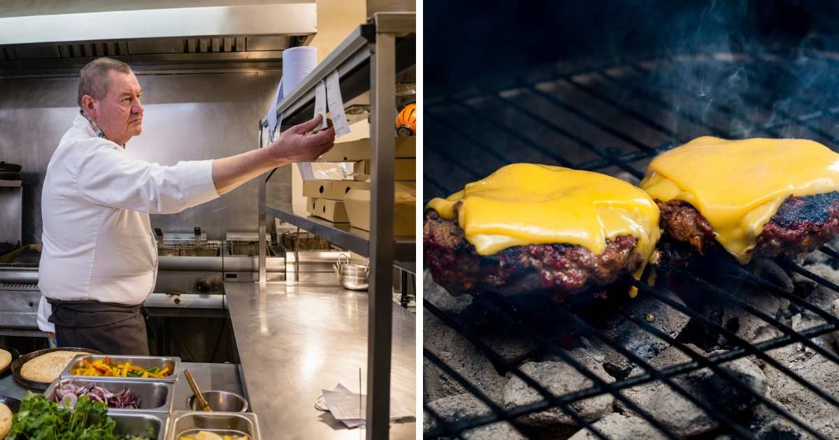 (L) A male chef inserting an order ticket into the pass are in a takeaway restaurant kitchen; (R) Burgers on charcoal grill - Representative Cover Image Source: Getty Images | Photo by (L) SolStock; (R) Ali Majdfar