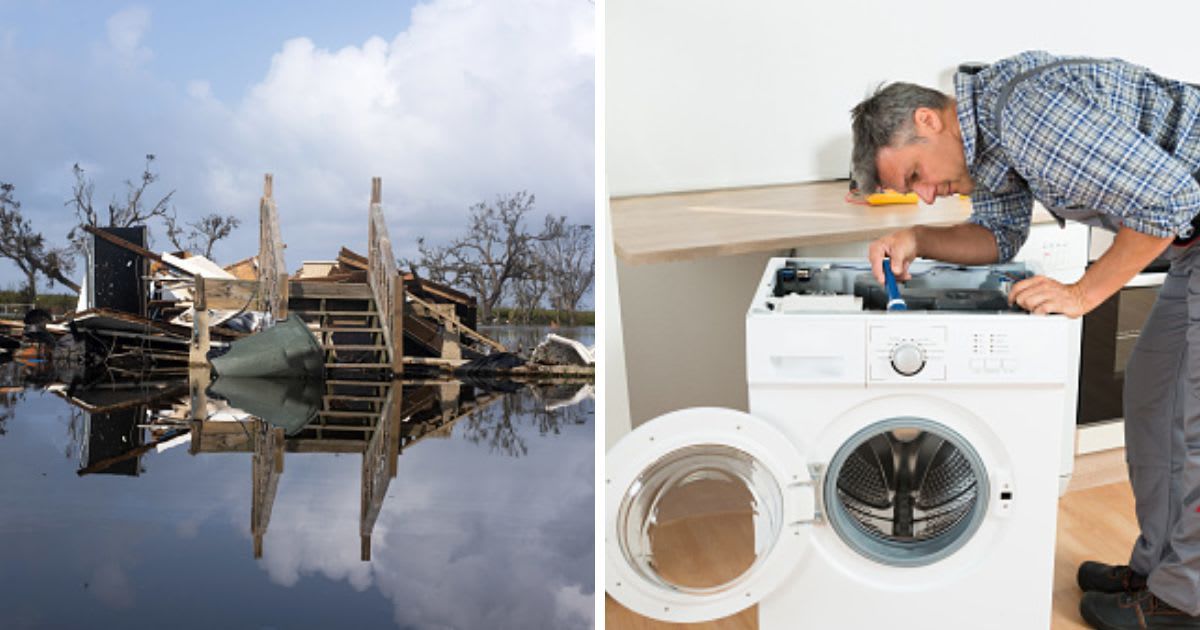 (L) Remains Of A House Submerged In Floodwater, (R) Man Checking Washing Machine With Flashlight. (Representative Cover Image Source: Getty Images | (L) Bloomberg Creative, (R) AndreyPopov)