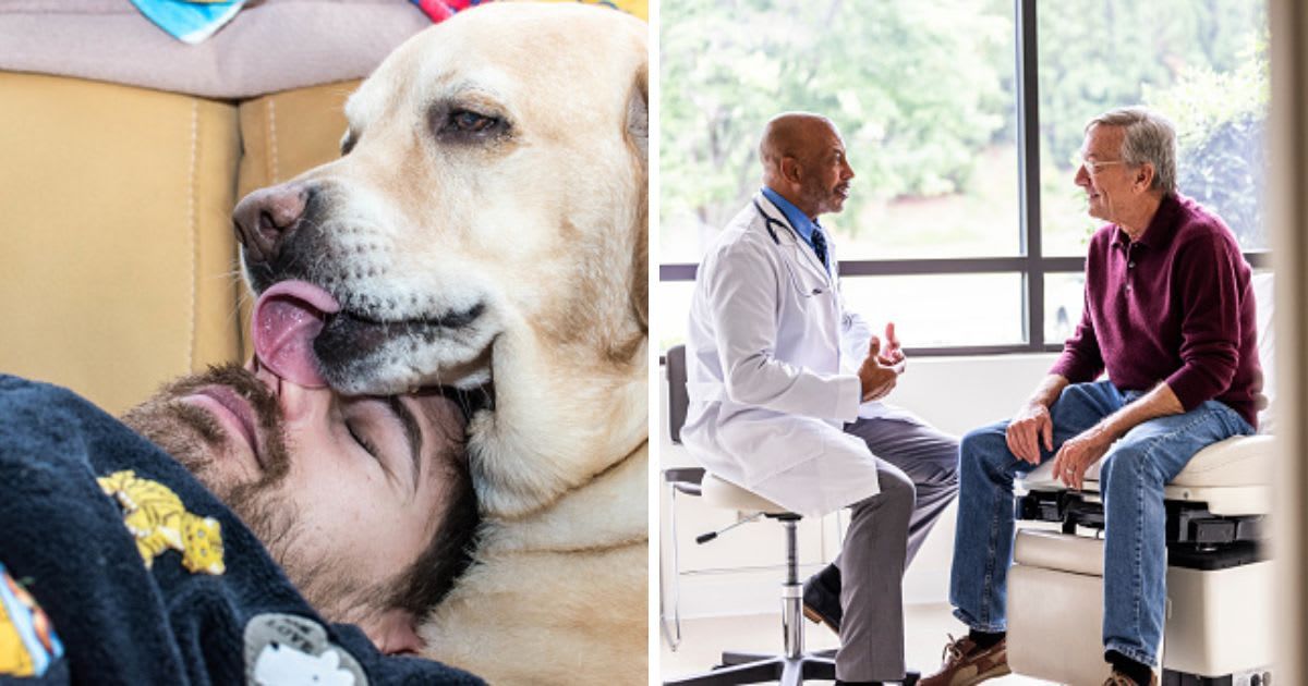 (L) Dog licks its owner, (R) A doctor talking with a man. (Representative Cover Image Source: Getty Images | (L)Aladino Gonzalez, (R) MoMo Productions)