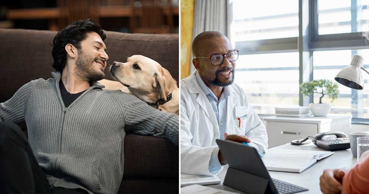 (L) Hispanic man sitting with dog in living room, (R) Male doctor discussing with patient in clinic. (Representative Cover Image Source: Getty Images | (L) Hill Street Studios, (R) Morsa Images)