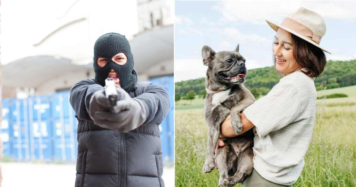 (L) Man in ski mask holding gun. (R) Cheerful woman carrying a French bulldog in a field. (Representative Cover Image Source: Getty Images | Photo by (L) Paul Bradbury; (R) Westend61)