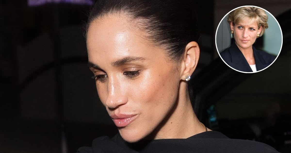 Meghan Markle attends the Balenciaga Womenswear Spring/Summer 2026 show; (Inset) Princess Diana at Luanda Airport, Angola. Cover Image Source: Getty Images| Arnold Jerocki for Balenciaga; (Inset) Tim Graham Photo Library