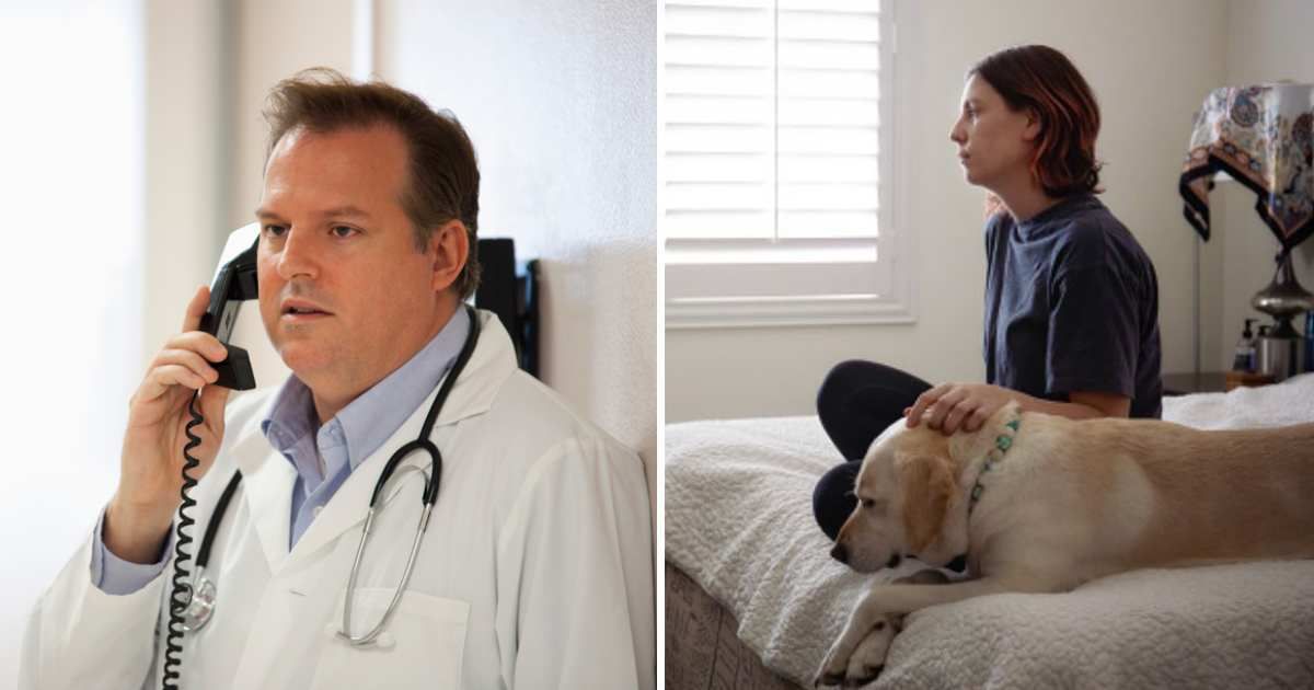 (L) Doctor on a phone, (R) A woman is sitting on her bed with her dog. (Representative Cover Image Source: Getty Images | (L) ER Productions Limited, (R) Hailey Seelig)
