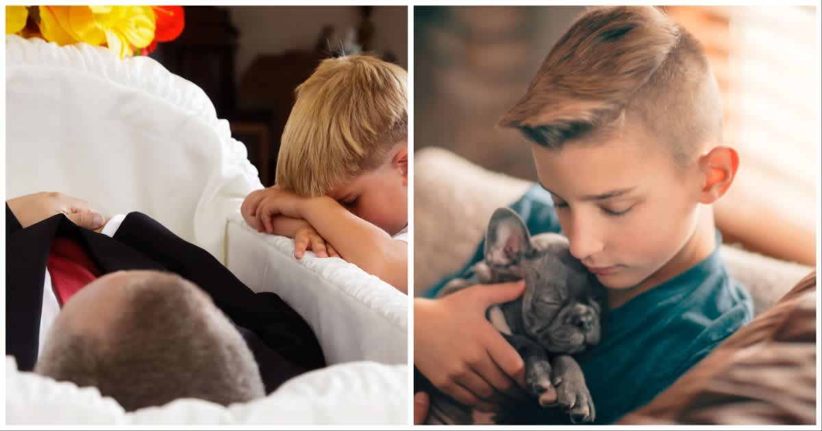 (L ) A little boy next to his father's open casket at a funeral ; (R) A boy hugging his puppy (Representative Cover Source: Getty Images | Photo by (L) O2O Creative ; (R) Rebecca Nelson)