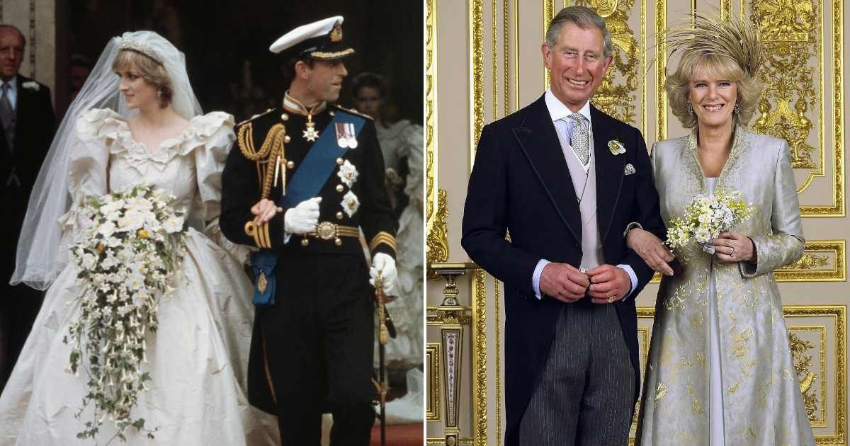 (L) King Charles and Princess Diana on their wedding day in 1981. (R) King Charles and Queen Camilla for the Official Wedding group photo. (Cover Image Source: Getty Images | (L) Fox Photos/Hulton Archive; (R) Hugo Bernand/ROTA/Anwar Hussein)