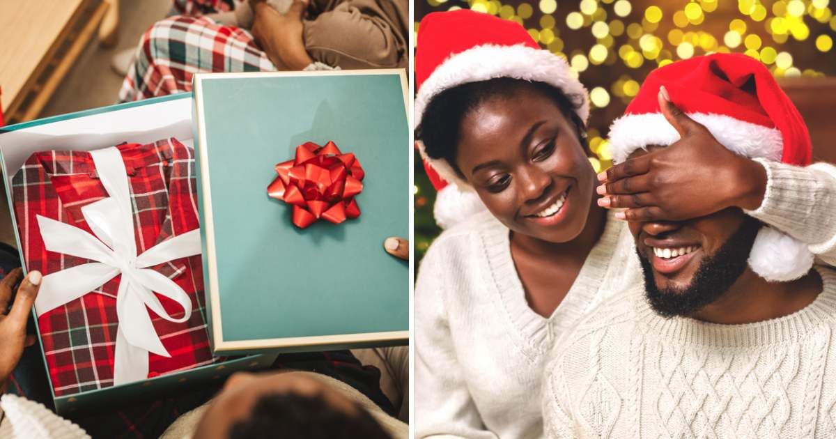 (L) Young family unwrapping gifts on Christmas morning, (R) Loving wife closing husband's eyes with hand. (Representative Cover Image Source: Getty Images | (L) svetikd, (R) Prostock-Studio)