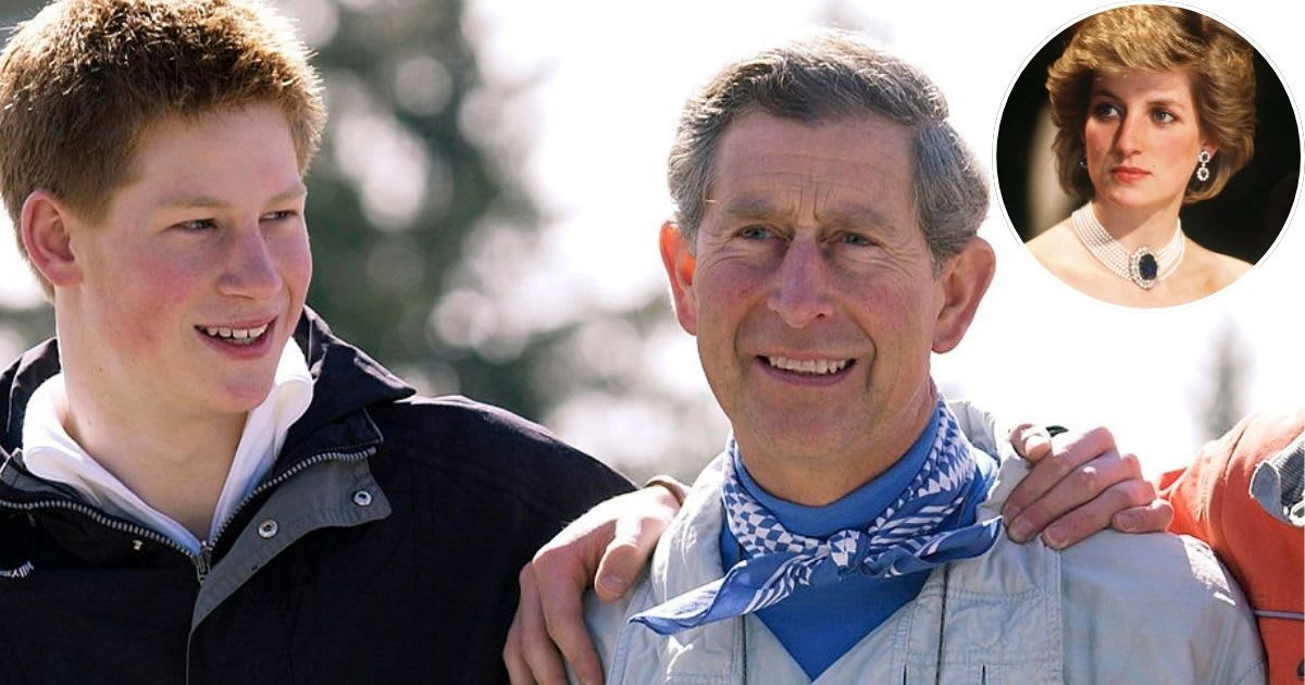 Prince Harry and then-Prince Charles at an annual skiing holiday; (Inset) Princess Diana attends a state banquet in Australia. Cover Image Source: Getty Images | Tim Graham Photo Library; (Inset) Anwar Hussein/WireImage