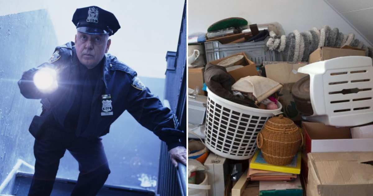 (L) Mature policeman shining torch, (R) A Pile of junk in a house. (Representative Cover Image Source: Getty Images | (L) Emmanuel Faure, (R) cerro_photography)