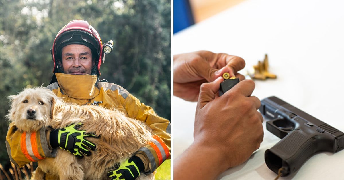 (L) A fireman holding a dog outdoors, (R) Loading the magazine of an automatic pistol. (Representative Cover Image Source: Getty Images | (L) Frazao Studio Latino, (R) Helder Faria)