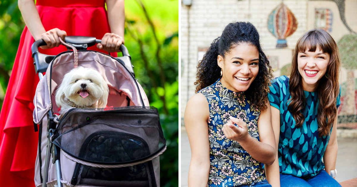 (L) A woman walks her dog in a stroller. (R) Two women laughing at something. (Representative Cover Image Source: Getty Images | (L) Christian McCann, (R) Tim Robberts)